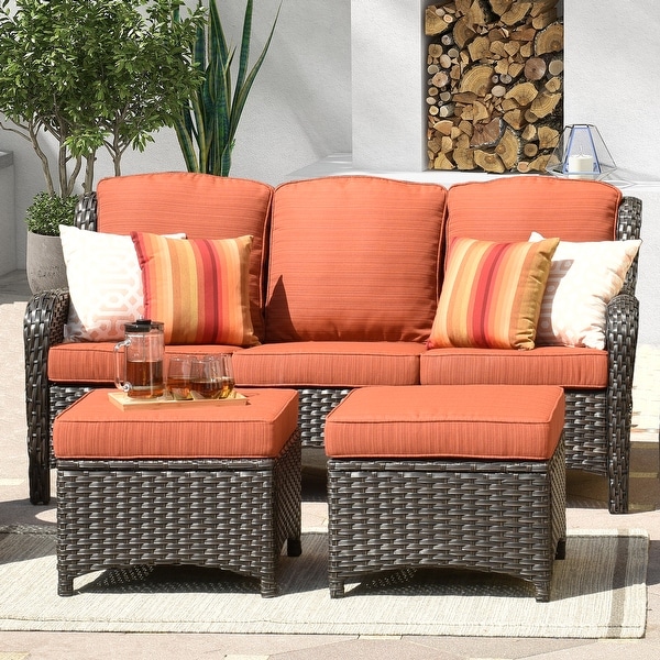 OVIOS Patio 3piece Rattan Wicker Sectional Sofa Set with Ottomans