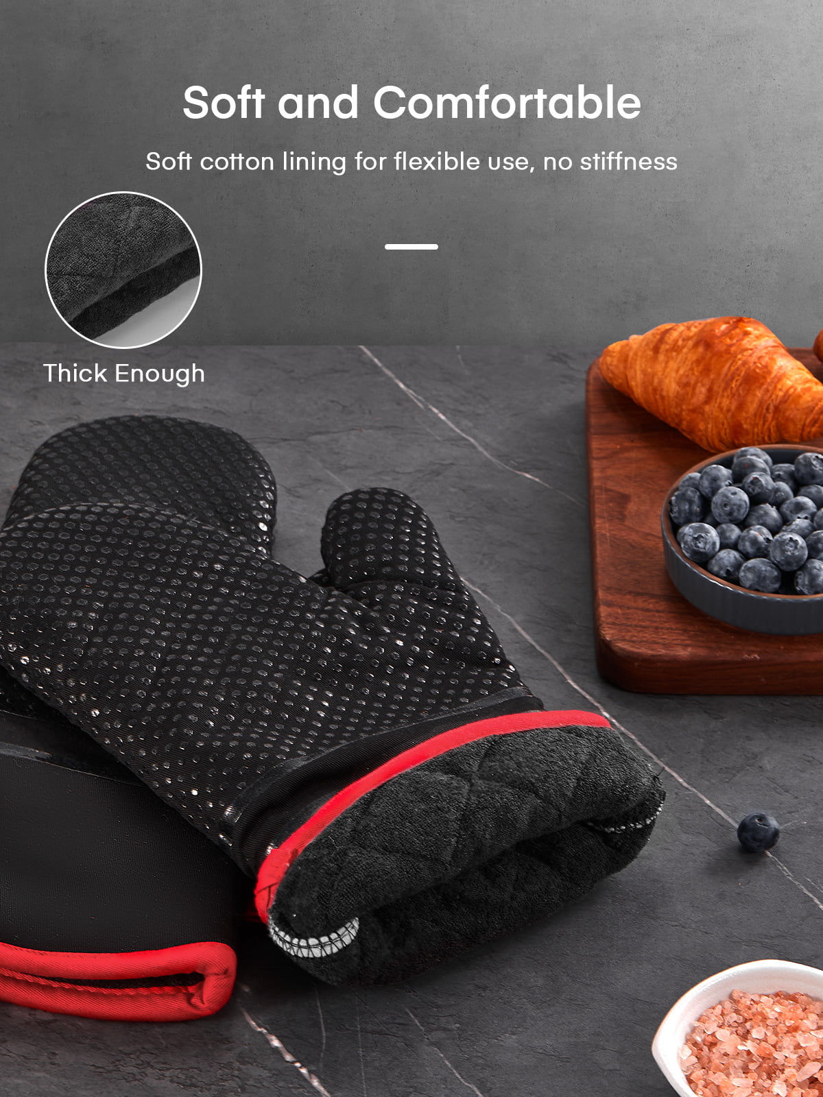 Oven Mitts， Heat Resistant Kitchen Oven Gloves 572°F， Non-Slip Silicone Surface， Extra Long Flexible Thick Mitts for Kitchen ， Cooking ， Baking ， BBQ ， Black