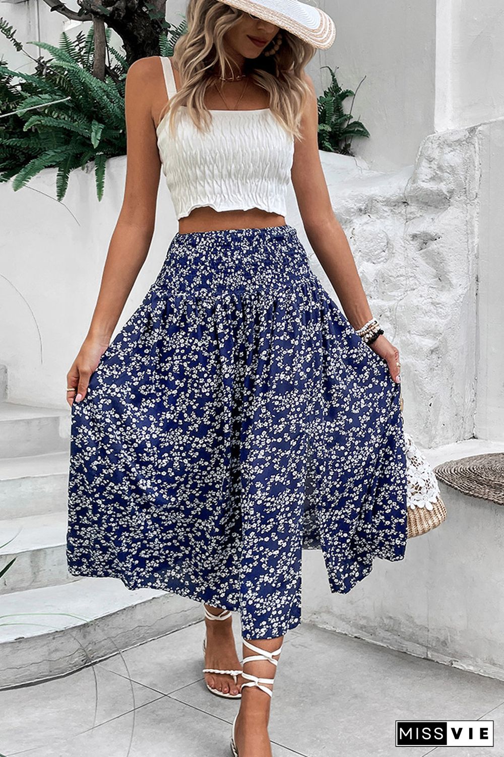 Navy Floral Smocked Waist Side Split Maxi Skirt