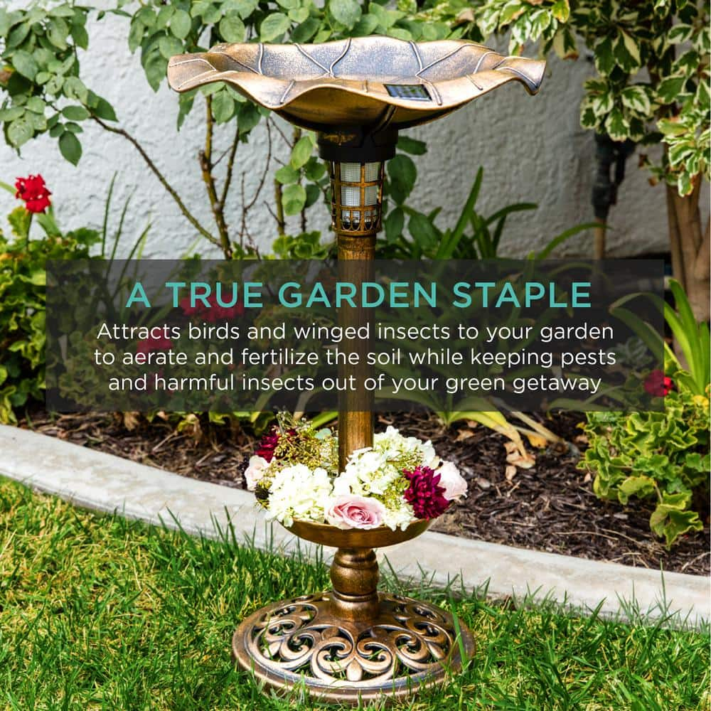 Best Choice Products Bronze Solar Lighted Pedestal Birdbath w/Planter， Integrated Panel SKY4676