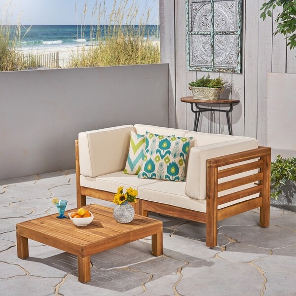 Oana Outdoor 2Seater Acacia Wood Sectional Loveseat and Coffee Table Set with Cushions by Christopher Knight Home