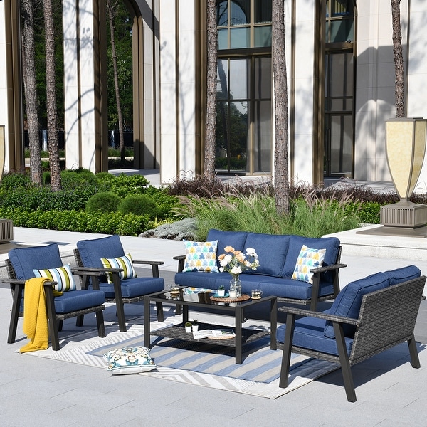 OVIOS 5piece Outdoor Steel Frame Ottoman Wicker Solid Pattern Cushion Sectional Set Glass Top Table