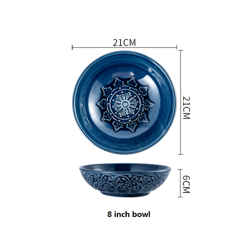 Nordic Blue Vintage Tableware Set Ceramic Rice Salad round Dish Dinner Plate Bowl Dinnerware Set Microwave Safe W4827