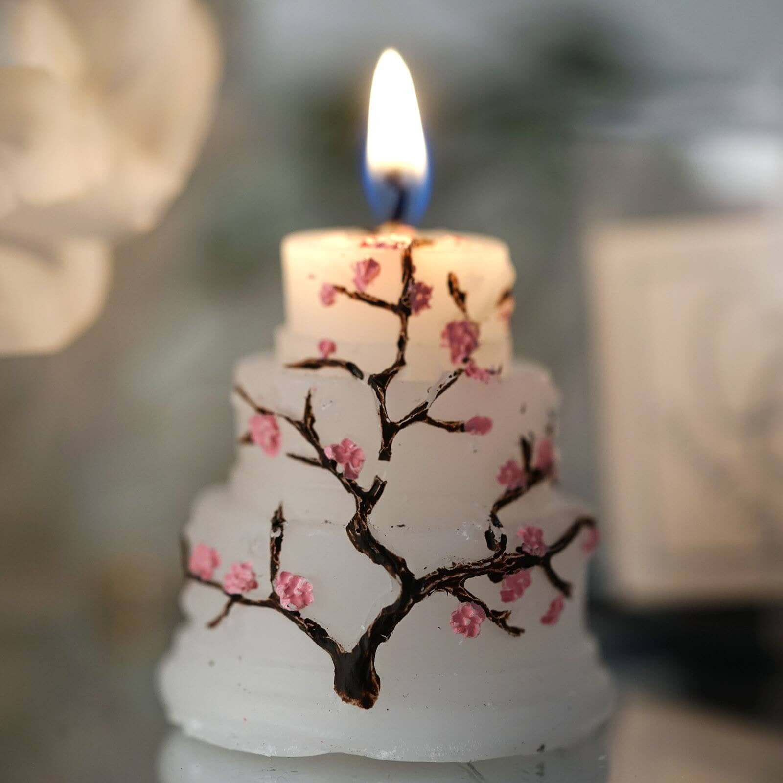 Gift Wrapped Cherry Blossom Wedding Cake Candle Party Favors With Thank You Tag 2