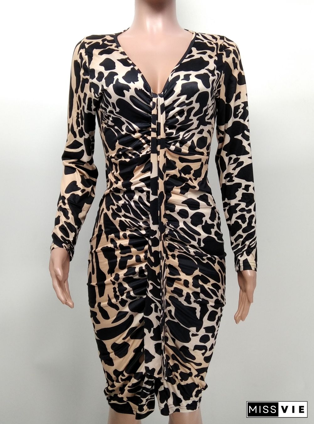 Leopard Print Long Sleeve Slim Fit Ruched Dresses