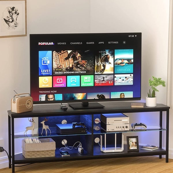 Corner TV Stand for 55 Inch TV， Corner TV Stand with LED Lights and Power Outlet， Corner Entertainment Center