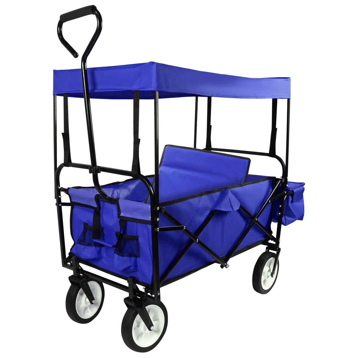 Geniqua Blue Utility Collapsible Folding Wagon Cart w/Canopy Garden Beach Toy Sport Buggy