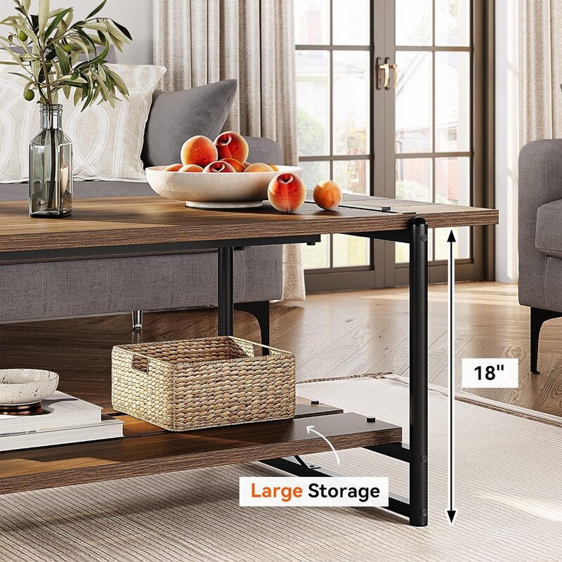 2 Tier Modern Industrial 41'' Large Wooden Coffee Table with Storage Shelf