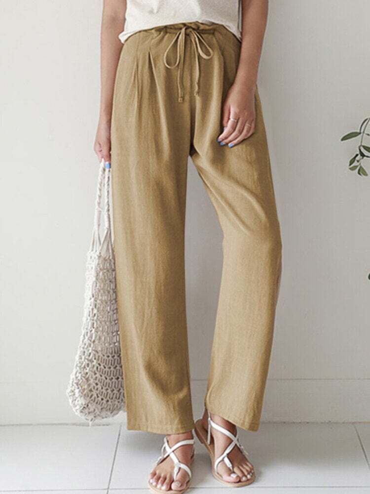 New Casual Ladies Solid Color Straight Leg Elastic Waist Cotton Linen Pants Women's Clothing