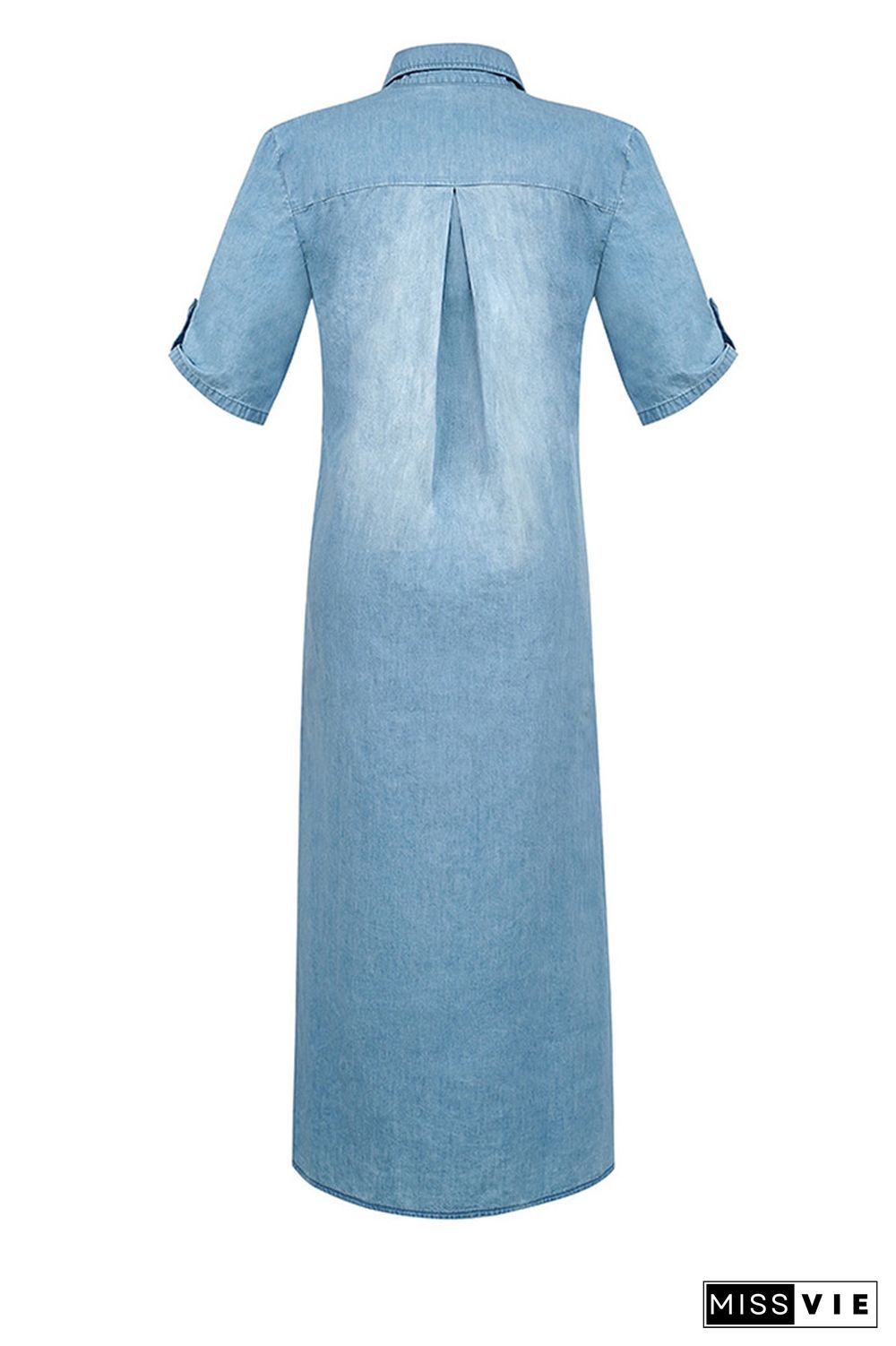 Blue Washed Turn Down Collar Side Split Denim Maxi Dress