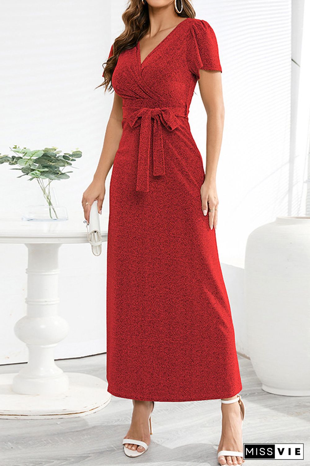 V Neck Wrap Short Sleeves Evening Dress