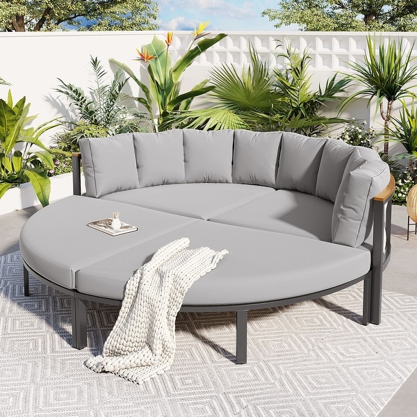 Roomfitters 4 Piece Round Outdoor Conversation Set，AllWeather Metal Sectional Sofa with Cushions，Ideal for Patio and Backyard