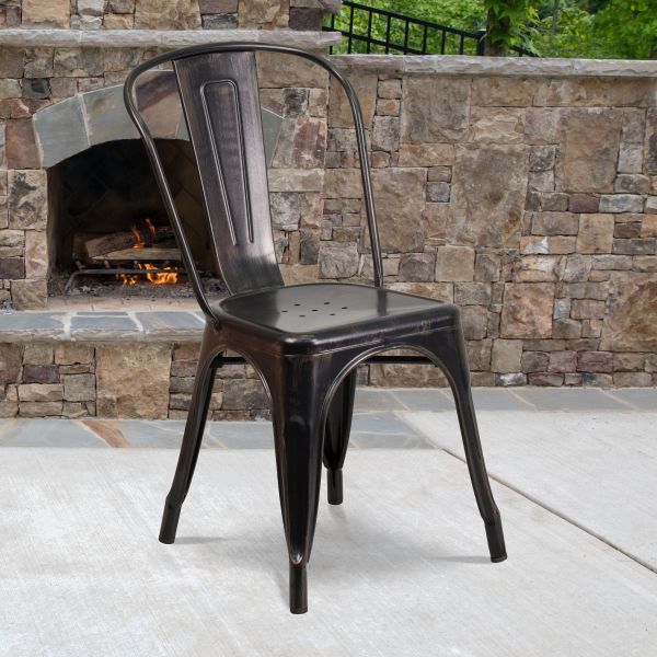 Perry Commercial Grade Black-Antique Gold Metal Indoor-Outdoor Stackable Chair