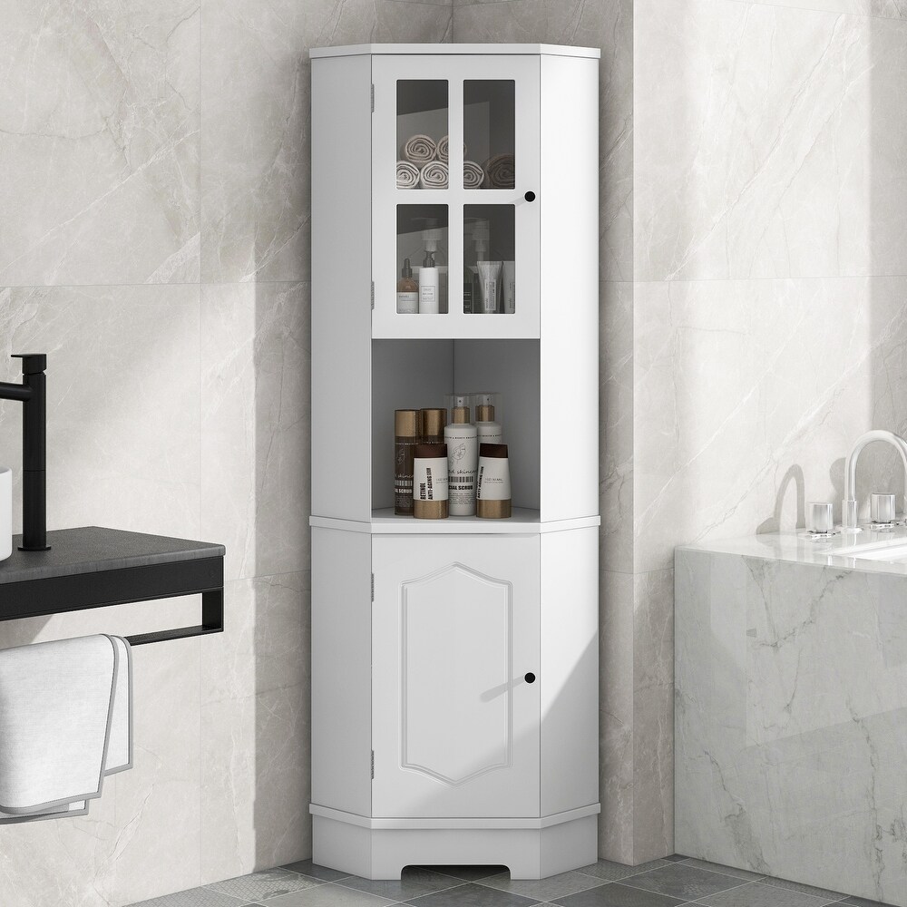 Tall Bathroom Storage Cabinet  Corner Cabinet with Glass Door  Open Storage  Adjustable Shelf