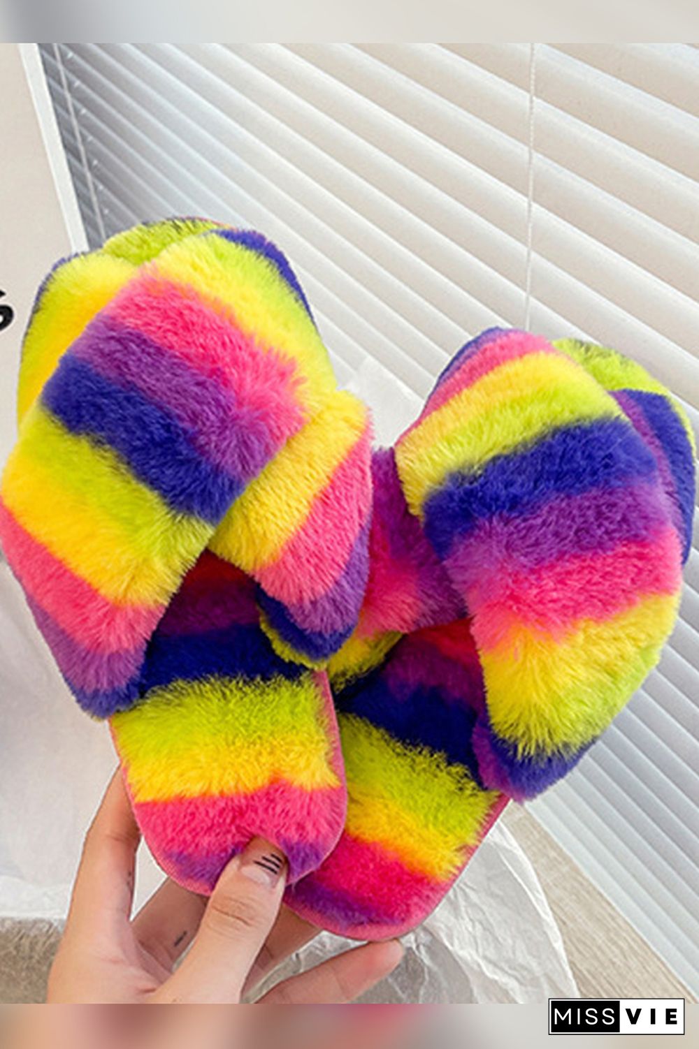 Multicolor Fluffy Criss-cross Home Slippers Wholesale