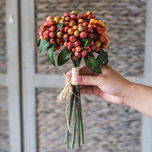 RusticReach Artificial Berry Bunch Green and Orange Red 11 Tall