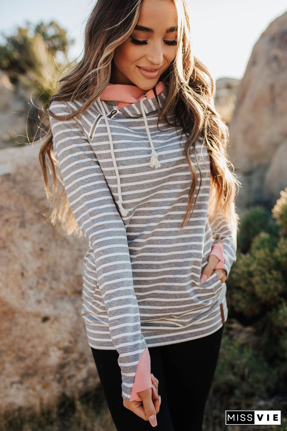 Striped Cowl Neck Hoodie with Pocket