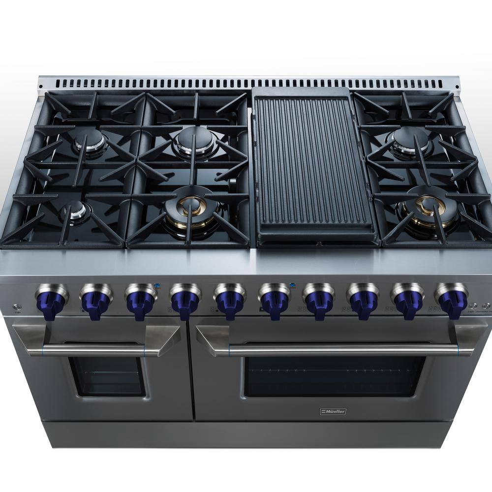 MUELLER 48 in. 6.7 cu. ft. Freestanding Double Oven Gas Range with 8 Burners and Griddle in Stainless Steel with Blue Knobs GR-670B