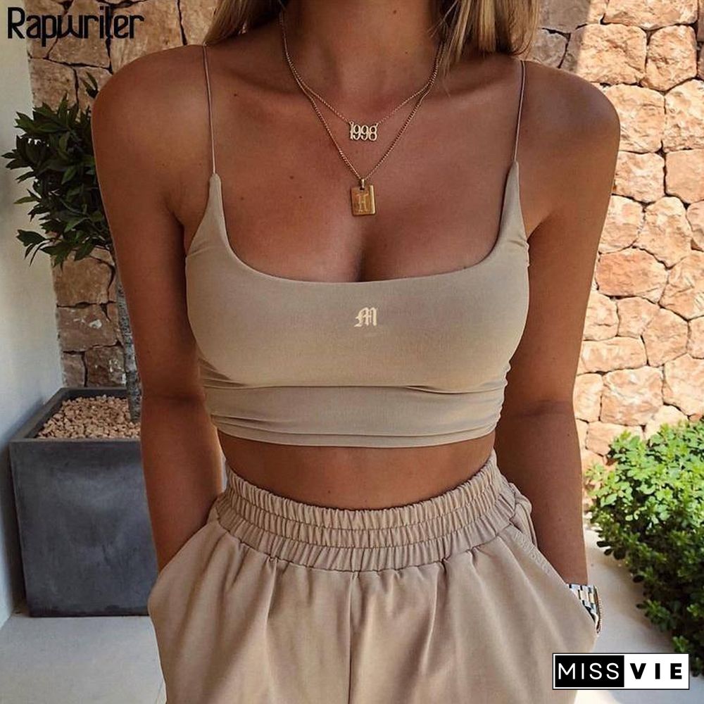 Rapwriter Summer Letter Embroidery Spaghetti Strap Tank Tops Women Sexy Backless Sleeveless Camis Top Basic Khaki Wrap Crop Top