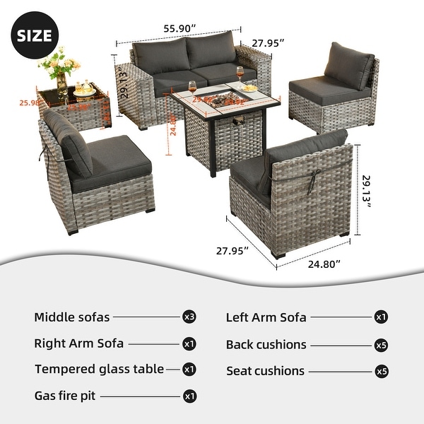 OVIOS Patio Wicker Furniture Wide Arm 7piece Fire Pit Set with Table