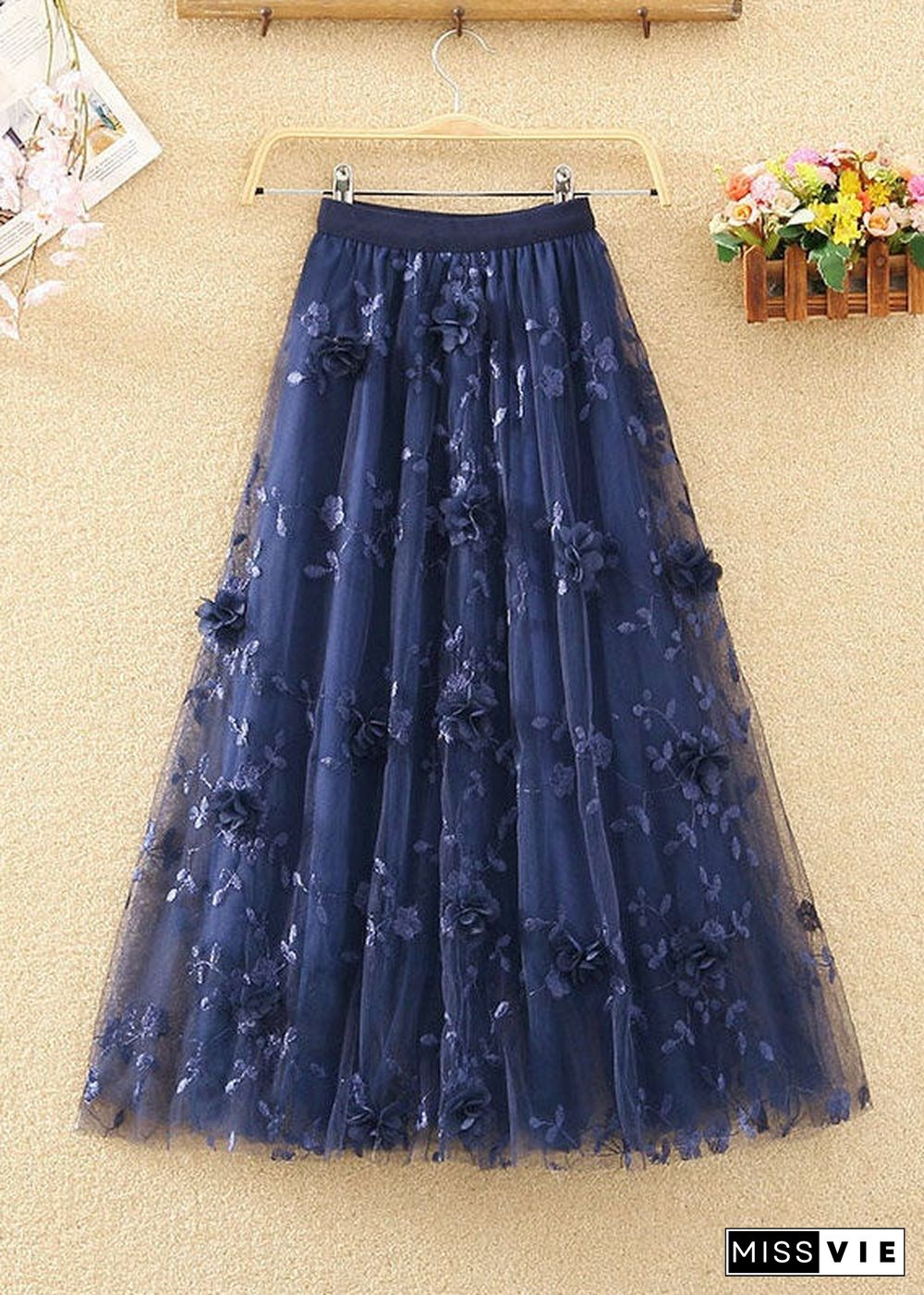 French Navy Wrinkled Embroideried Floral Decorated Tulle Skirts Spring