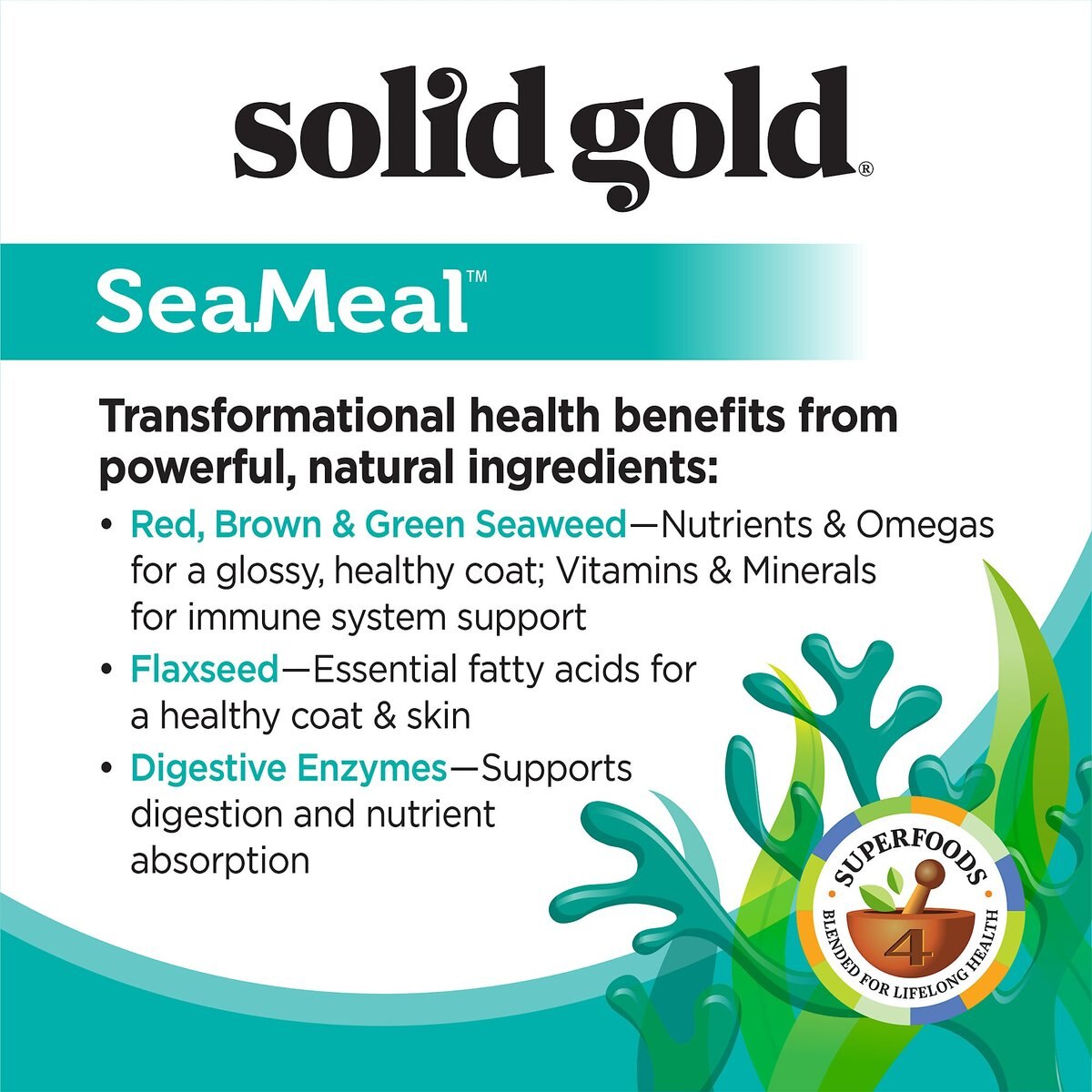 Solid Gold SeaMeal Skin and Coat， Digestive and Immune Health Powder Grain-Free Supplement for Dogs and Cats