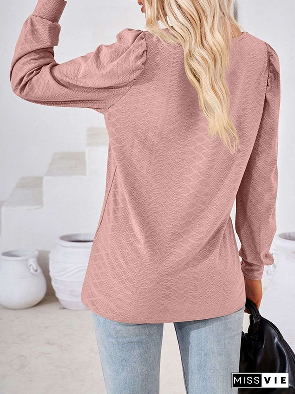 Loose Jacquard Solid Color Square-neck T-Shirts Tops