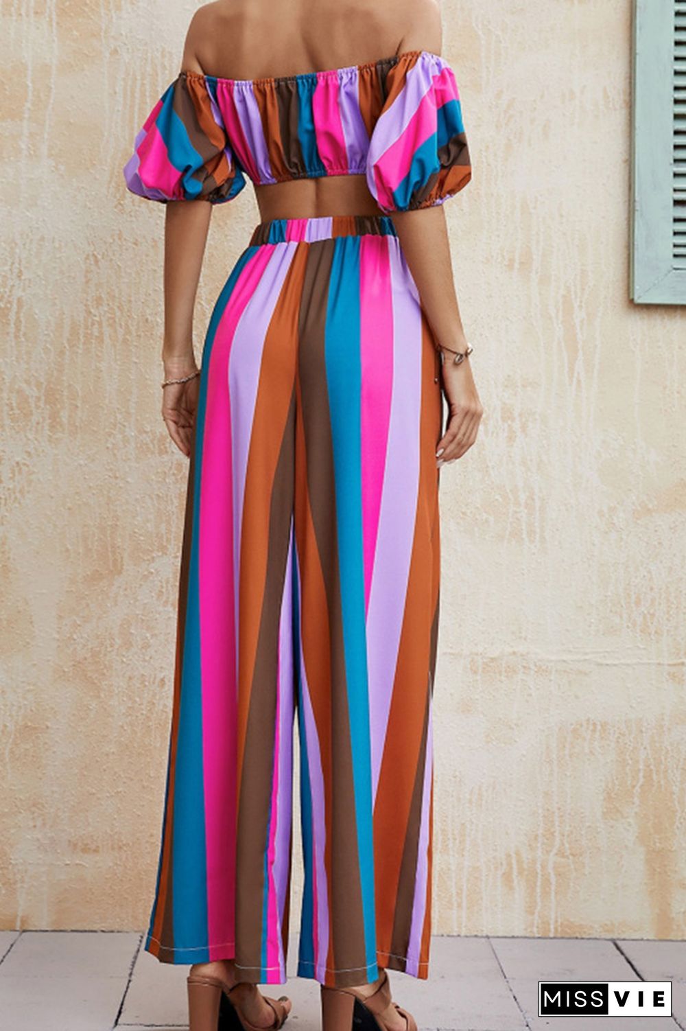 Multicolor Striped Crop Top And Long Pants Set Wholesale