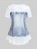 Short Sleeve 3D Denim Print Tee and High Waist 3D Denim Print Jeggings Plus Size Outfit