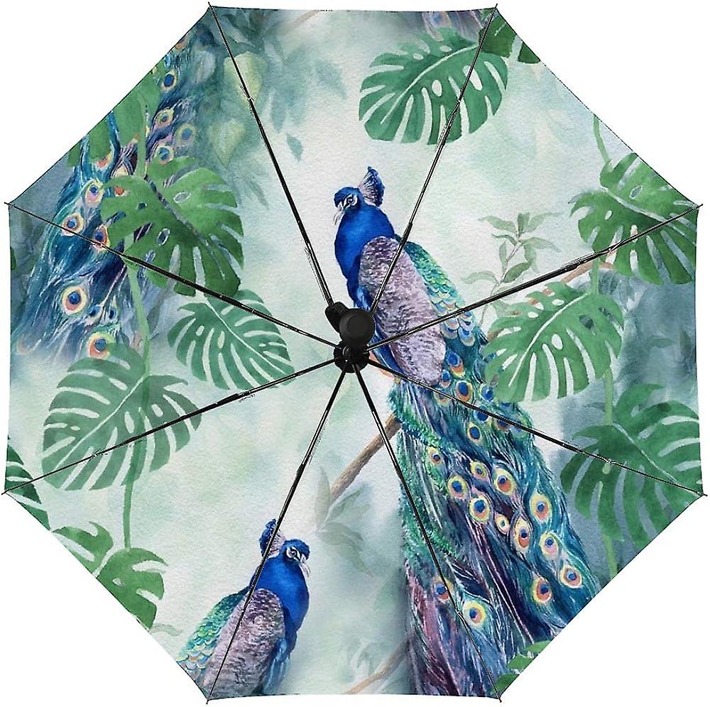 Colourlife Travel Umbrella Watercolor Peacock Painting Automatic Windproof Foldable Umbrella For Sun and Rain