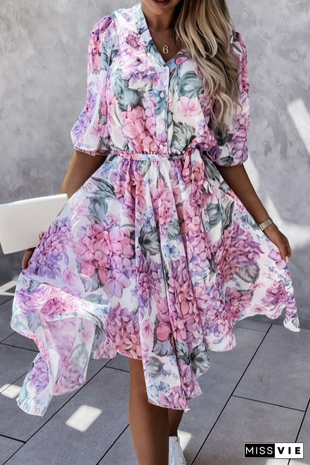 Fashion Elegant Floral Buckle With Belt V Neck Irregular Dress Dresses