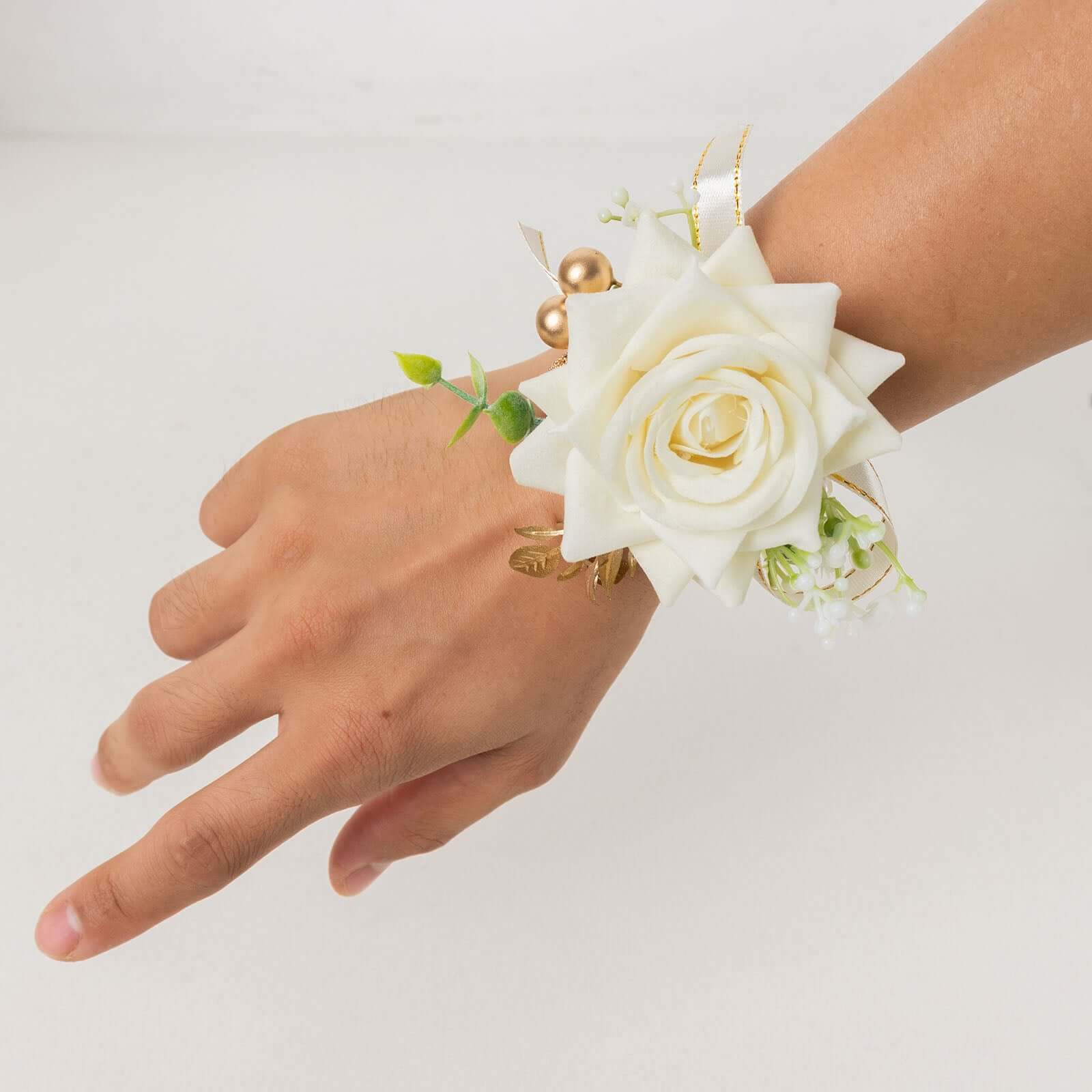 2 Pack White Silk Rose Wrist Corsage With Pearls, 4