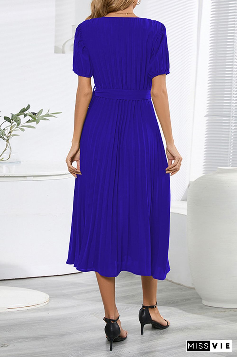 Plain Wrap V Neck Pleated Midi Dress With Sash