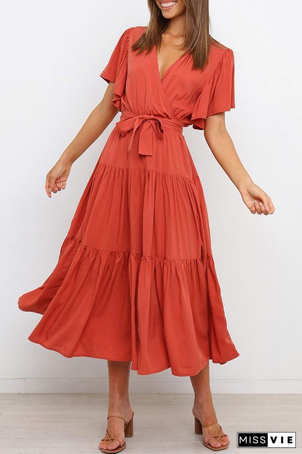 Ruffled Sleeve V-neck Tie Waist Maxi Dress P14492