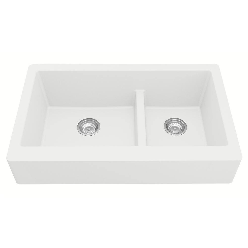 Karran QAR-760 QuartzGranite 34 in. Double Bowl 6040 Retrofit FarmhouseApron Front Kitchen Sink in white wGrid and Strainer QAR-760-WH-PK1