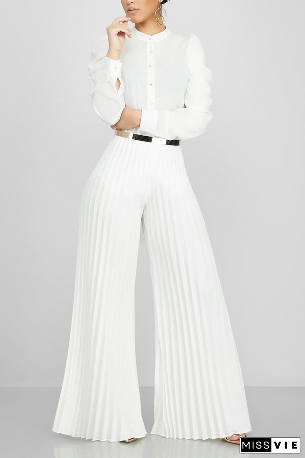 White Fashion Casual Pleated Wide-Leg Pants