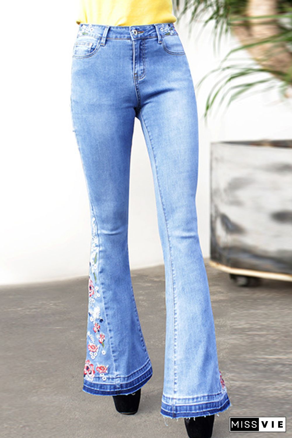 Bleach Embroidered Side Bell Bottom Flared Jeans Wholesale Boutique