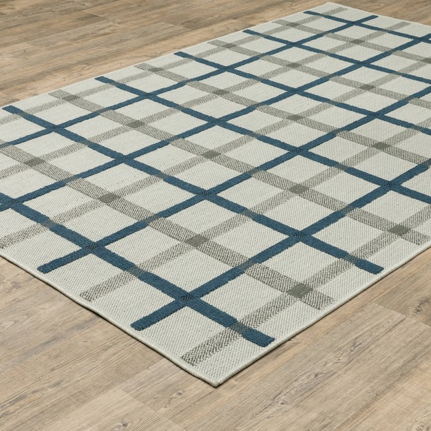 Trinity Textured Plaid Patio Area Rug Beige blue Captiv8e Designs