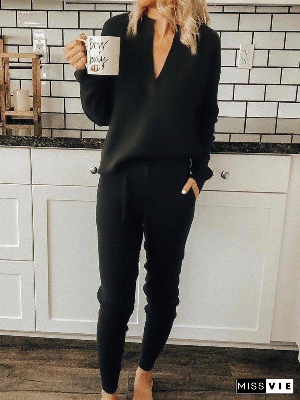 Plain Long Sleeve Pockets Plus Size Casual Jumpsuit