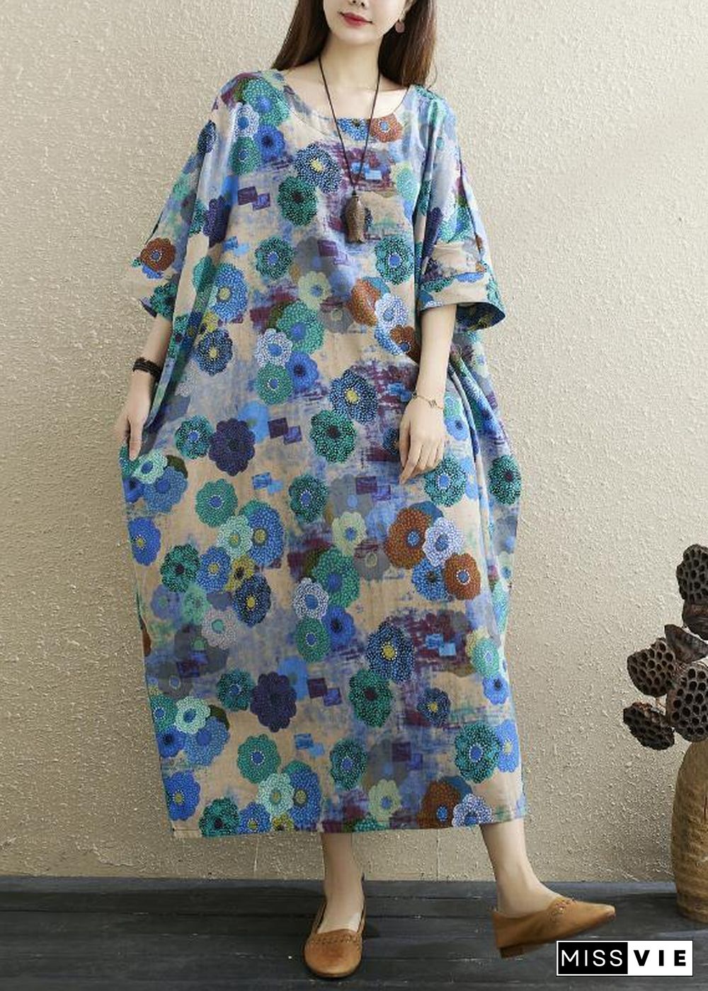 Boutique Print Batwing Sleeve Pocket Summer Cotton Dress