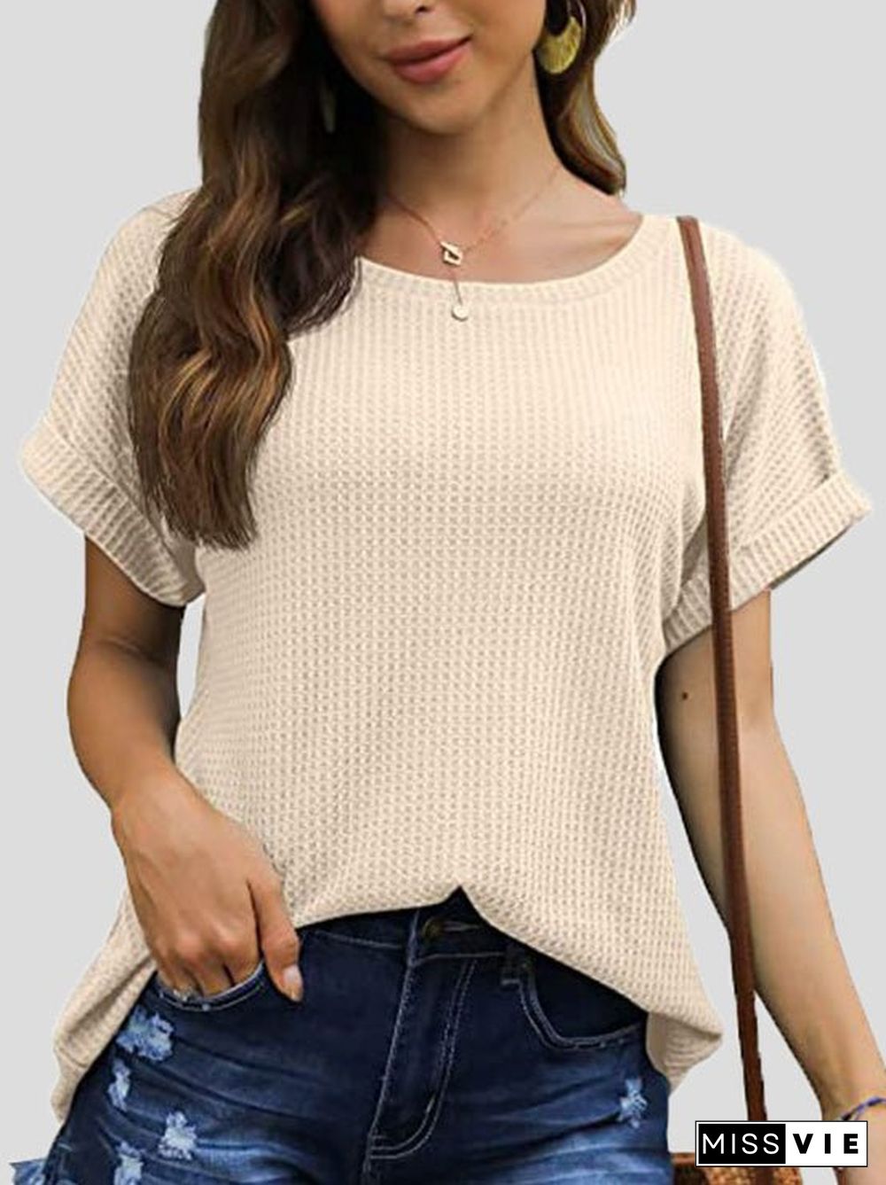 Women'S T-Shirts Waffle Crew Neck Short Sleeve Rolled T-Shirt