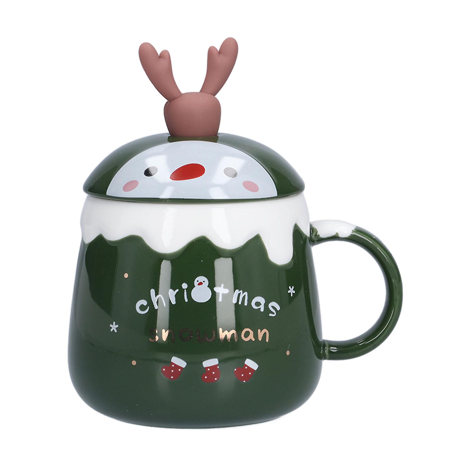 450ml Christmas Cup Cute Elk Coffee Mug Ceramic Tea Milk Cup with Lid Spoon for OfficeType D Green