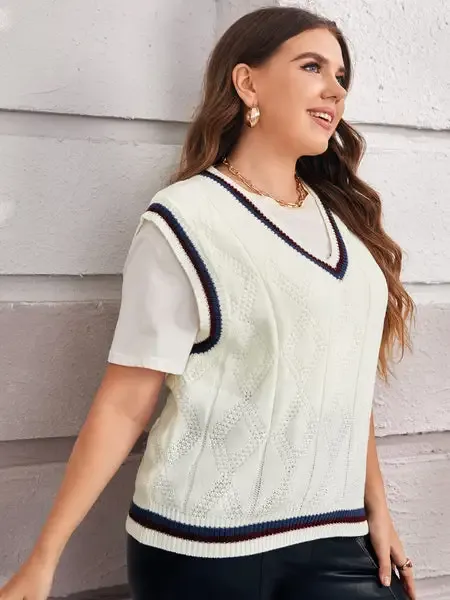 Plus Contrast Striped Sweater Vest - BGLCLOTH