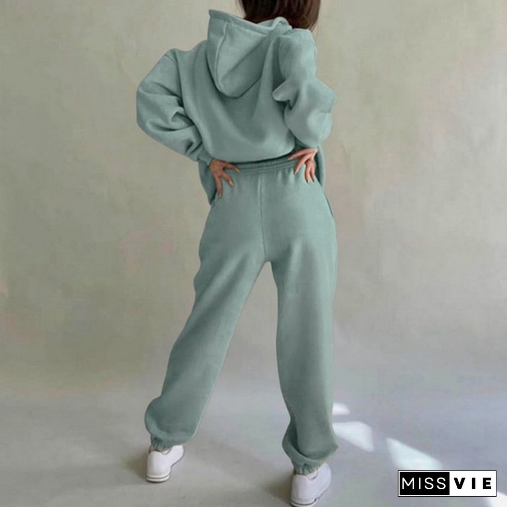 Women Casual Sets Warm Hoodie Sweatshirts And Long Pant Solid Color Tops+ Leggings Loose Ladies Sport Suit Tracksuit Sportwear Two Piece Sets Outfit Playsuit Size S-3Xl