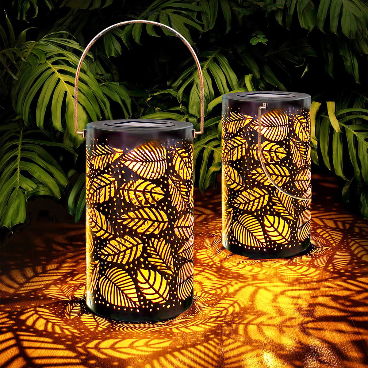 RNKR Solar Lantern Lights Outdoor Garden Hanging Lights Metal Flowers Pattern Light Multifunctional Led Tabletop Lamp for Patio Outside Pathway Vintage Lanterns (Warm Light，Flowers Hanging)