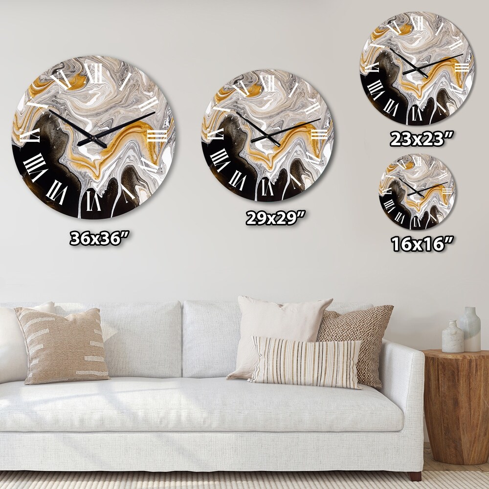 Designart 'Black And White Liquid Marble Waves IV' Modern wall clock