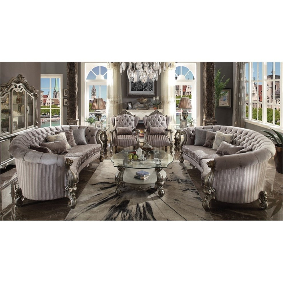 Maklaine Versailles Chair with 1 Pillow in Velvet  ampAntique Platinum   Victorian   Armchairs And Accent Chairs   by Homesquare  Houzz