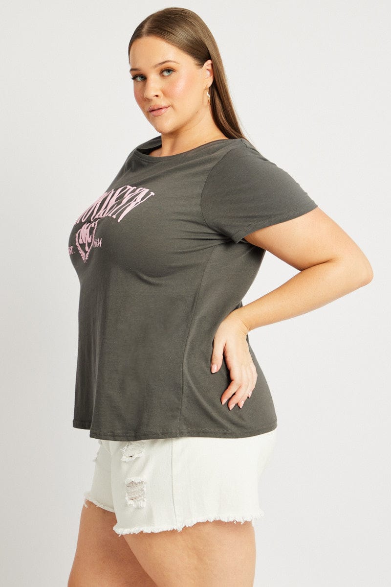 Grey Graphic T Shirt Short Sleeve Crew Neck
