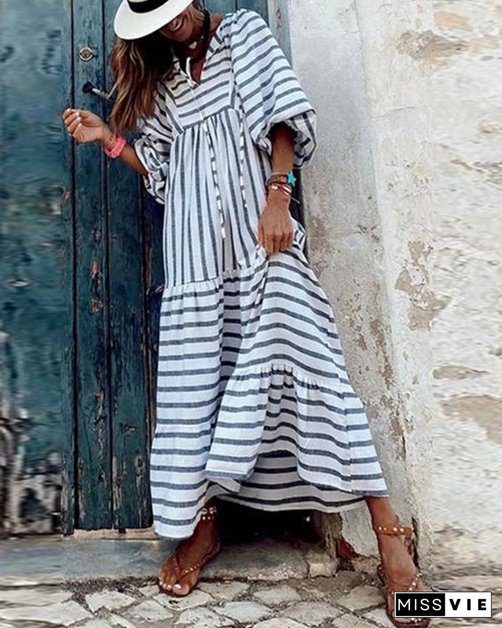 Striped Lace Up Lantern Sleeve Maxi Dress