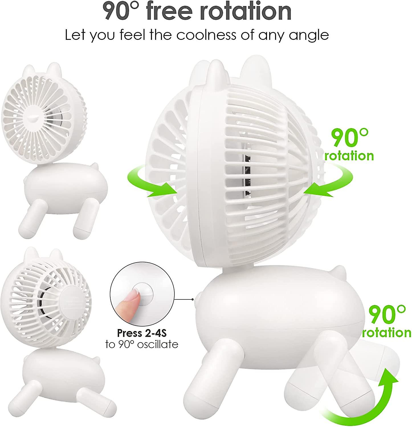 20.3cm Rechargeable Small Desk Fan With Rotating Head 13 Hours Use， 3 Speed Small Desk Fan With Cute Dog Shape For Home/office/workplace，white